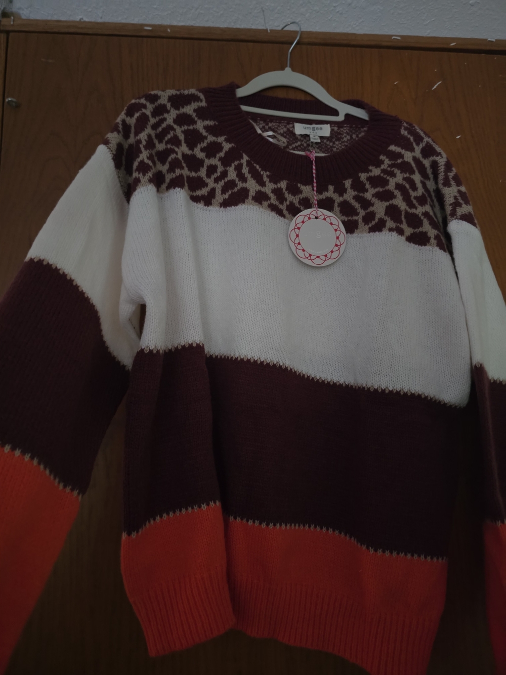 Umgee Colorblock Crewneck Sweater in Burgundy, White & Orange